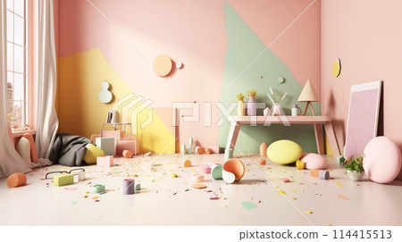 Dirty untidy room. Chaos in the interior. Inaccurate lifestyle. AI generated. 114415513