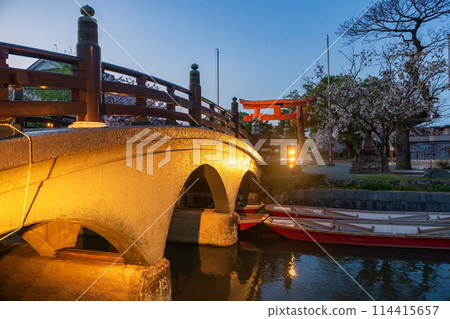 bridge over Yanagawa river to Torii gate of Mihashira Shrine, Fukuoka bridge over Yanagawa river to Torii gate of Mihashira Shrine, Fukuoka 114415657