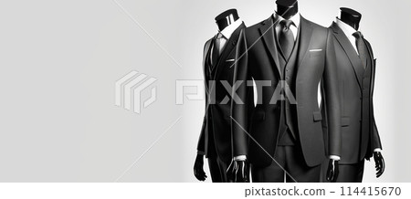 Group of mannequins in men traditional costumes, gray background isolate. AI generated. Group of mannequins in men traditional costumes, gray background isolate. AI generated. 114415670