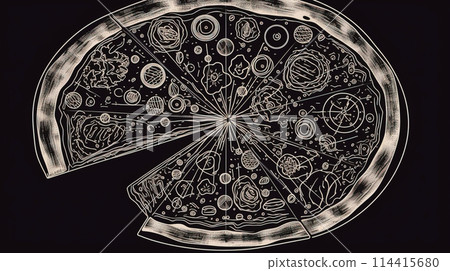 Pizza sliced, graphic contour illustration on a dark black background, isolate. AI generated. 114415680