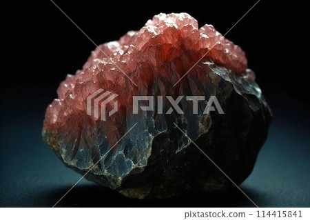 Inesite is rare precious natural stone on black background. AI generated. Header banner mockup with space. 114415841