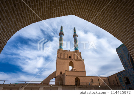 Beautiful Islamic artwork at the entrance to the Jameh Mosque in Yazd, Iran. Beautiful Islamic artwork at the entrance to the Jameh Mosque in Yazd, Iran. 114415972