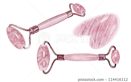 Gua sha set marble pink shiny skin care tools hand drawn watercolor illustration 114416112