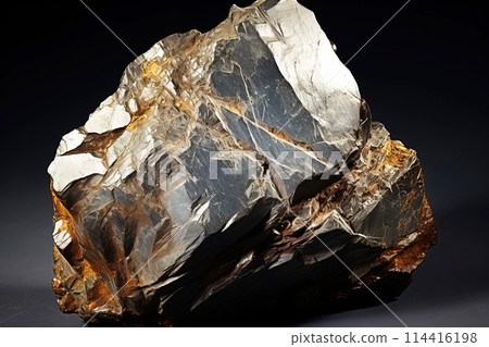 Yttrocolumbite is a rare precious natural stone on a black background. AI generated. Yttrocolumbite is a rare precious natural stone on a black background. AI generated. 114416198