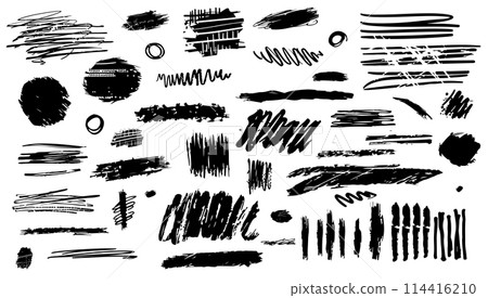 Grunge scrawls, charcoal scribbles black set. Doodle abstract design and marker pen. Shape sketch and graphic mark collection. Underline stripe and textured brushstroke pattern Grunge scrawls, charcoal scribbles black set. Doodle abstract design and marker pen. Shape sketch and graphic mark collection. Underline stripe and textured brushstroke pattern 114416210