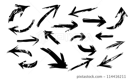 Charcoal hand drawn pencil arrows set black. Vector doodle scribble drawn marker and crayon marker. Sketch stroke element shape and line texture for underline check. Swirl symbol and squiggly 114416211