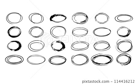 Handdrawn doodle grunge circle highlights black set. Vector scribble outline ink paint and sketch frame. Round element drawing and ring highlighter isolated white line 114416212