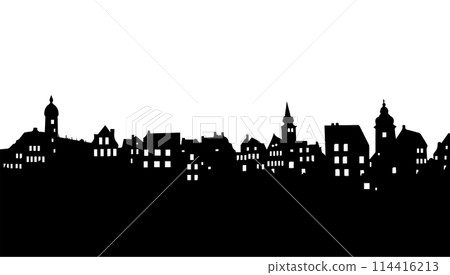 Black silhouette town isolated white vector illustration. House background building design and abstract landscape outline with roof. Urban street horizontal outdoor structure. Black silhouette town isolated white vector illustration. House background building design and abstract landscape outline with roof. Urban street horizontal outdoor structure. 114416213