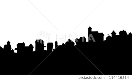 Black silhouette town isolated white vector illustration. House background building design and abstract landscape outline with roof. Urban street horizontal outdoor structure. Black silhouette town isolated white vector illustration. House background building design and abstract landscape outline with roof. Urban street horizontal outdoor structure. 114416214
