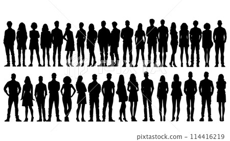 Silhouette Group of People Standing Vector Black White set. Woman and man person illustration group isolated white. Community figure human and team meeting. Crowd shape collection design horizontal Silhouette Group of People Standing Vector Black White set. Woman and man person illustration group isolated white. Community figure human and team meeting. Crowd shape collection design horizontal 114416219