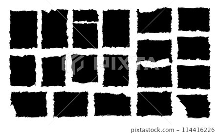 Set of torn paper frames. Vector collage shape of black ripped papers silhouettes isolated on white background. Edge label rectangle and old border sheet. Ragged or scrap square template banner Set of torn paper frames. Vector collage shape of black ripped papers silhouettes isolated on white background. Edge label rectangle and old border sheet. Ragged or scrap square template banner 114416226