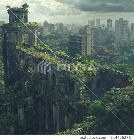 An abandoned city overgrown with jungle 114416276