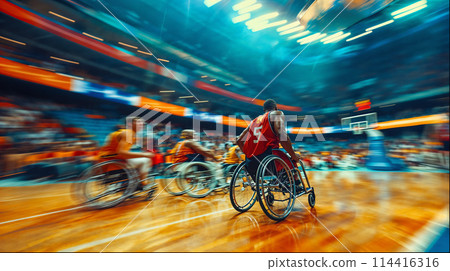 A group of wheelchair basketball players actively engaged in a game, competing on an indoor court. 114416316