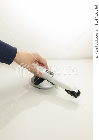 Doctor's Hand Holds 3D Intraoral Teeth Scanner For Imaging Tooth. Vertical Plane. Lab, Dental Equipment, Device, Dentistry. Copy Space 114416364