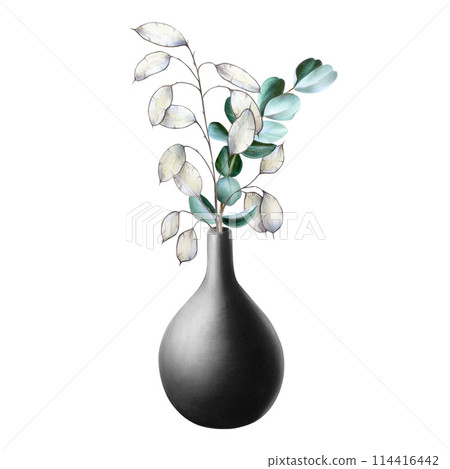 Black antique ceramic vase with eucalyptus and lunaria branches. Watercolor hand drawn clay pot isolated on background. Minimalistic illustration, for interior, designers, invitations, decoration, Black antique ceramic vase with eucalyptus and lunaria branches. Watercolor hand drawn clay pot isolated on background. Minimalistic illustration, for interior, designers, invitations, decoration, 114416442
