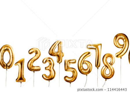 Seamless frame with golden foil balloons digits 0-9. Hand drawn watercolor birthday party numbers zero, one, two, three, four, five, six, seven, eight, nine for decoration isolated on white 114416443
