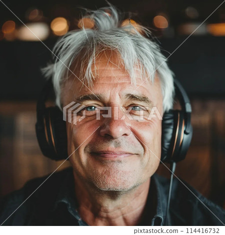 A gray-haired man listens to classics on headphones and smiles. Against the background of dreams, thoughts and notes 114416732