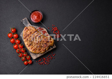 Delicious juicy pork steak with salt, spices and herbs 114416851