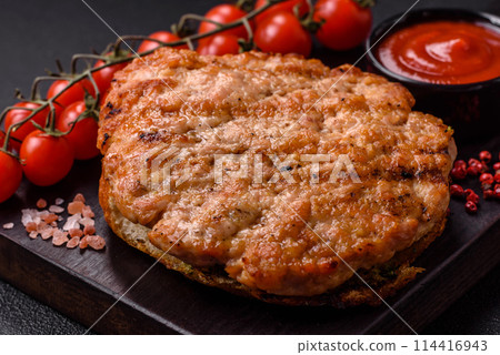 Delicious juicy turkey or chicken steak with salt, spices and herbs Delicious juicy turkey or chicken steak with salt, spices and herbs 114416943
