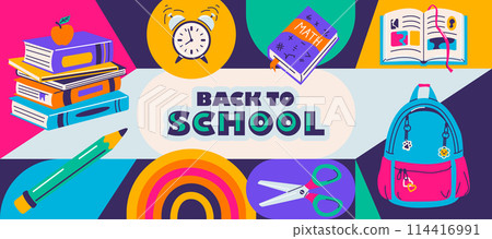 Back to school vector illustration. Geometric organic Y2K style design composition. Back to school sale, pattern, banner, poster and flyer background 114416991