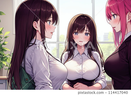 A female office worker discussing work and chatting with a colleague at work 114417040