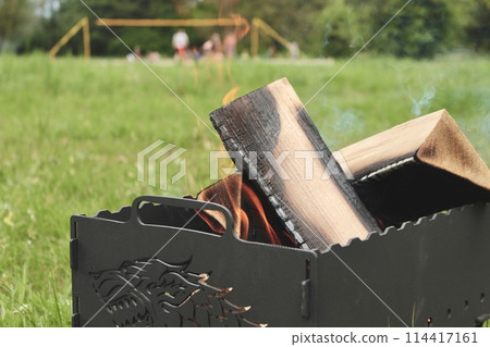 Firewood for barbecue is burning in the barbecue on the green grass in the park 114417161