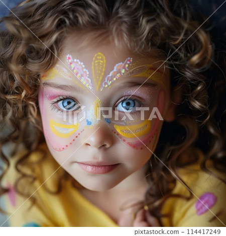 Close-up portrait of a little girl with face painting and curls --v 6.0 114417249