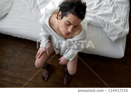 Portrait of emotional handsome man in the bedroom 114417250
