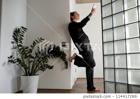 glamour man in fashion stylish casual clothes taking selfie 114417269