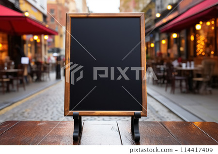 Blank blackboard near outdoor cozy cafe on table on street of city on blurry background. Mock up sign for menu text or information 114417409