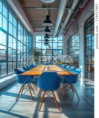 Empty modern meeting room with long polished table, blue chairs and glass partitions in bright office well lit sun rays 114417465