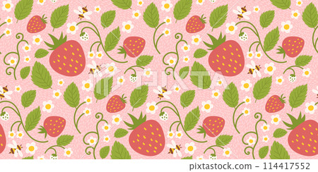 Seamless pattern design highlighting strawberries, cute berries, flowers, green foliage, and a small bee. Repetitive surface design suitable for apparel, fabrics, wrapping paper, and other purposes. 114417552