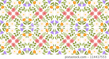 Seamless motif with floral elements. Botanical-inspired recurring design with lilac, orange, and white flowers, pink cherry blossom, various leaves. 114417553