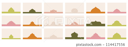 Compilation of assorted shapes for website headers or footers incorporating Islamic architectural motifs. Landing page divider template to organize design compositions in vector flat aesthetic. 114417556