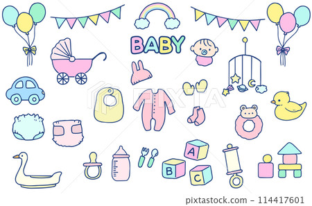 Set of cute hand drawn baby product illustrations 114417601
