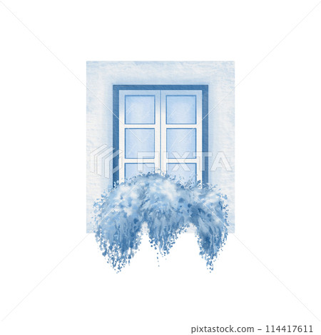 Window with wooden closed-frame and flowers in pot as an element of medieval house facade of old European town in monochrome blue and white colors.For patterns,images of facades,stickers,postcards. 114417611