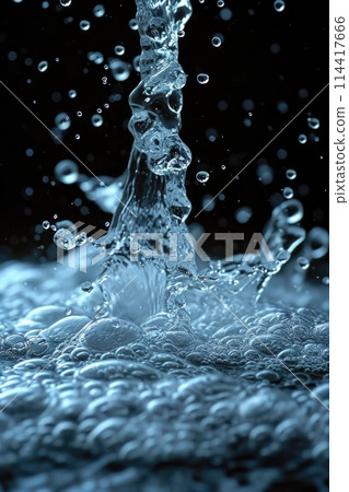 A detailed view of water splashing forcefully from a faucet in a close-up shot. 114417666