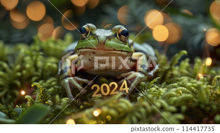 A frog perched atop a lush carpet of vibrant green moss. A frog perched atop a lush carpet of vibrant green moss. 114417735