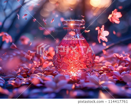A bottle of pink liquid placed on top of a colorful pile of flowers, creating a vibrant and eye-catching composition. 114417761