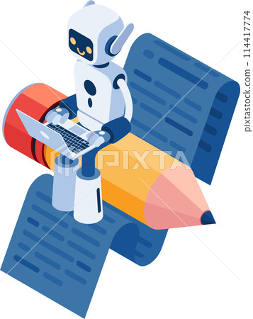 Isometric Ai Robot Sitting on Pencil and Write Article 114417774
