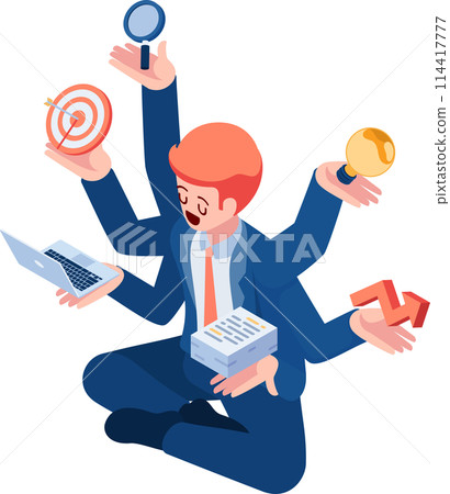Isometric Businessman Doing Many Tasks at The Same Time Isometric Businessman Doing Many Tasks at The Same Time 114417777
