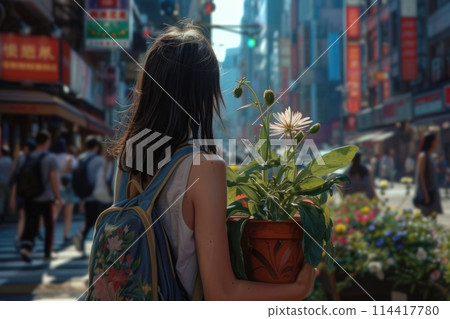 A woman walks down a city street while carrying a potted plant in her arms. A woman walks down a city street while carrying a potted plant in her arms. 114417780