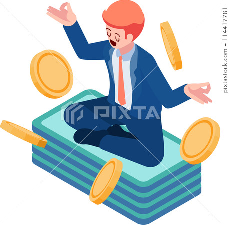 Isometric Businessman Meditating on Pile of Money and Coin 114417781