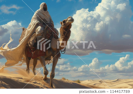 A man confidently riding a camel through the expansive desert landscape. 114417789