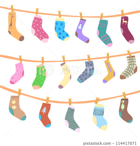 Socks of different shapes and colors hang on ropes with clothespins after washing. Vector illustration socks and knee socks with drawings and patterns on fabric. Funny bright images with no background Socks of different shapes and colors hang on ropes with clothespins after washing. Vector illustration socks and knee socks with drawings and patterns on fabric. Funny bright images with no background 114417871