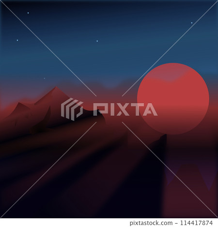 Stylized background dusty another planet sunrise in mountainous terrain. Vector illustration of an alien sunset or sunrise with rays of the red sun. If you zoom in on the peak of one of the mountains 114417874