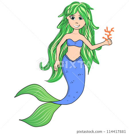 Cartoon green-haired mermaid smiling while holding red coral in hand. Vector illustration with no background to insert. Hand-drawn character personage mermaid with green tail. Obect with edge strokes 114417881