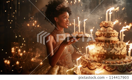 A woman stands in front of a cake with lit candles, celebrating a special occasion. 114417903
