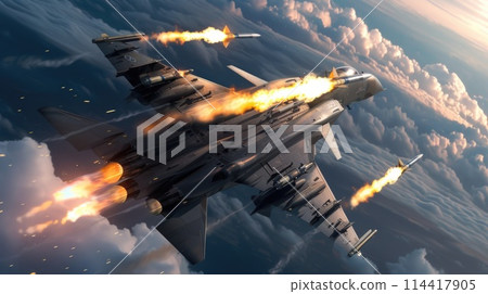 A fighter jet cuts through the clouds as it navigates through the sky, displaying its power and agility. 114417905
