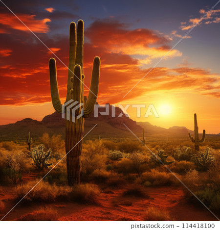 Giant Saguaro cactus at sunset in desert 114418100